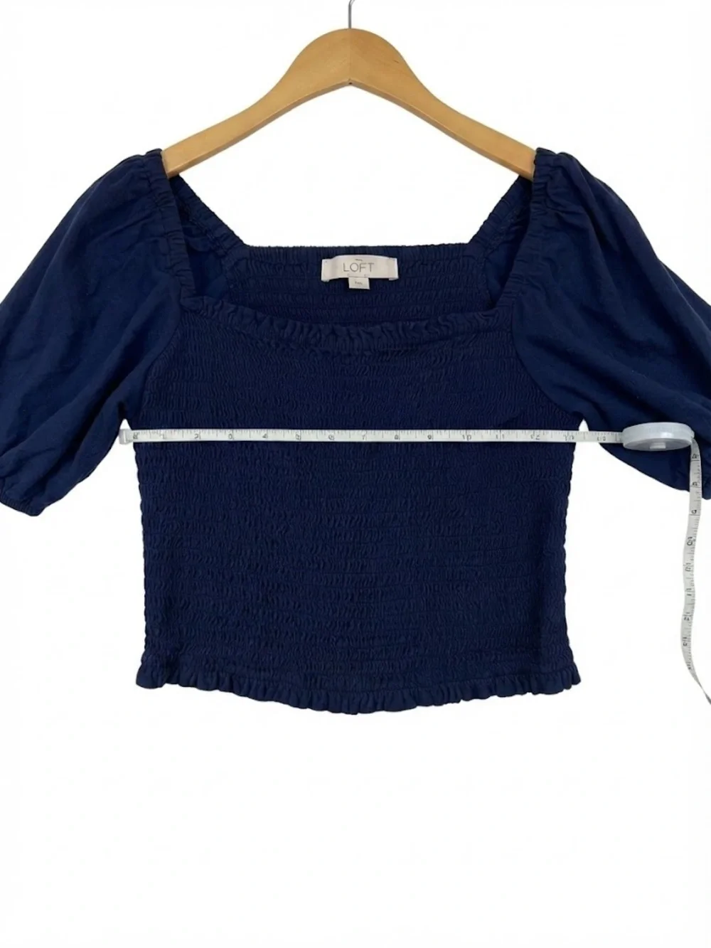 LOFT Navy Smocked Square Neck Puff Sleeve Blouse L